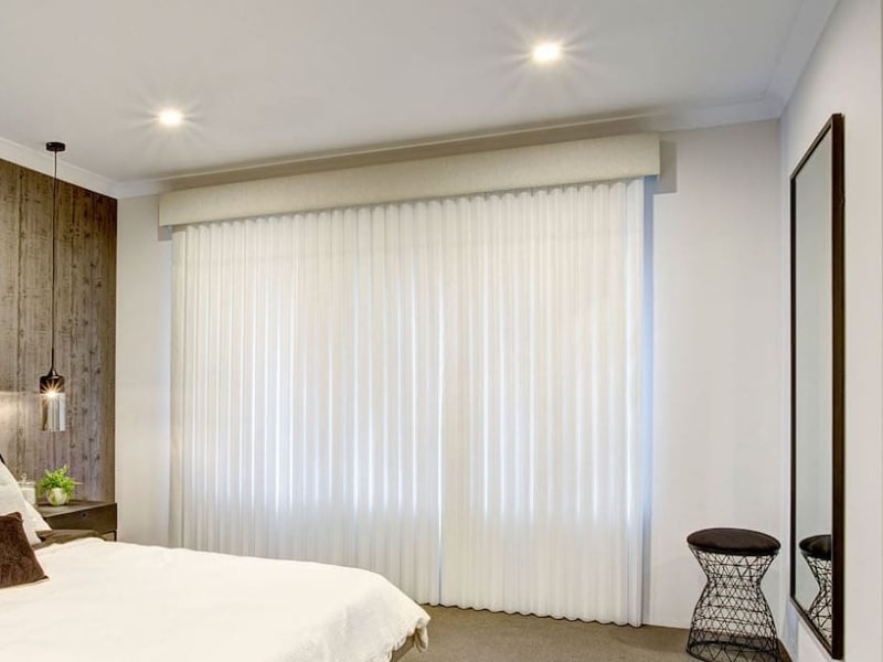 Fabric-covered pelmet over vertisheer blinds